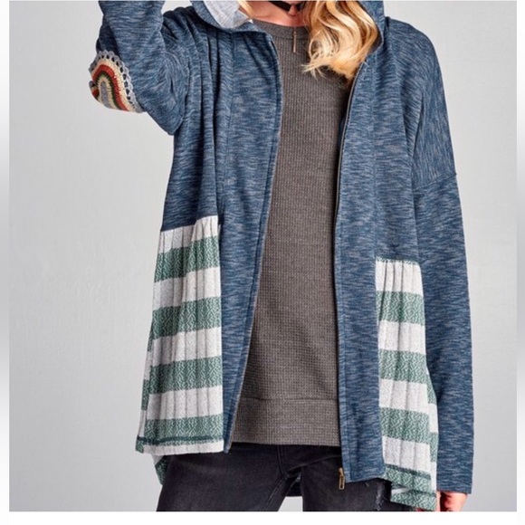 NWT ODDY Women's Blue Full Frontal Zip Stripped Boho Hoodie Sweater Size S - Picture 6 of 12